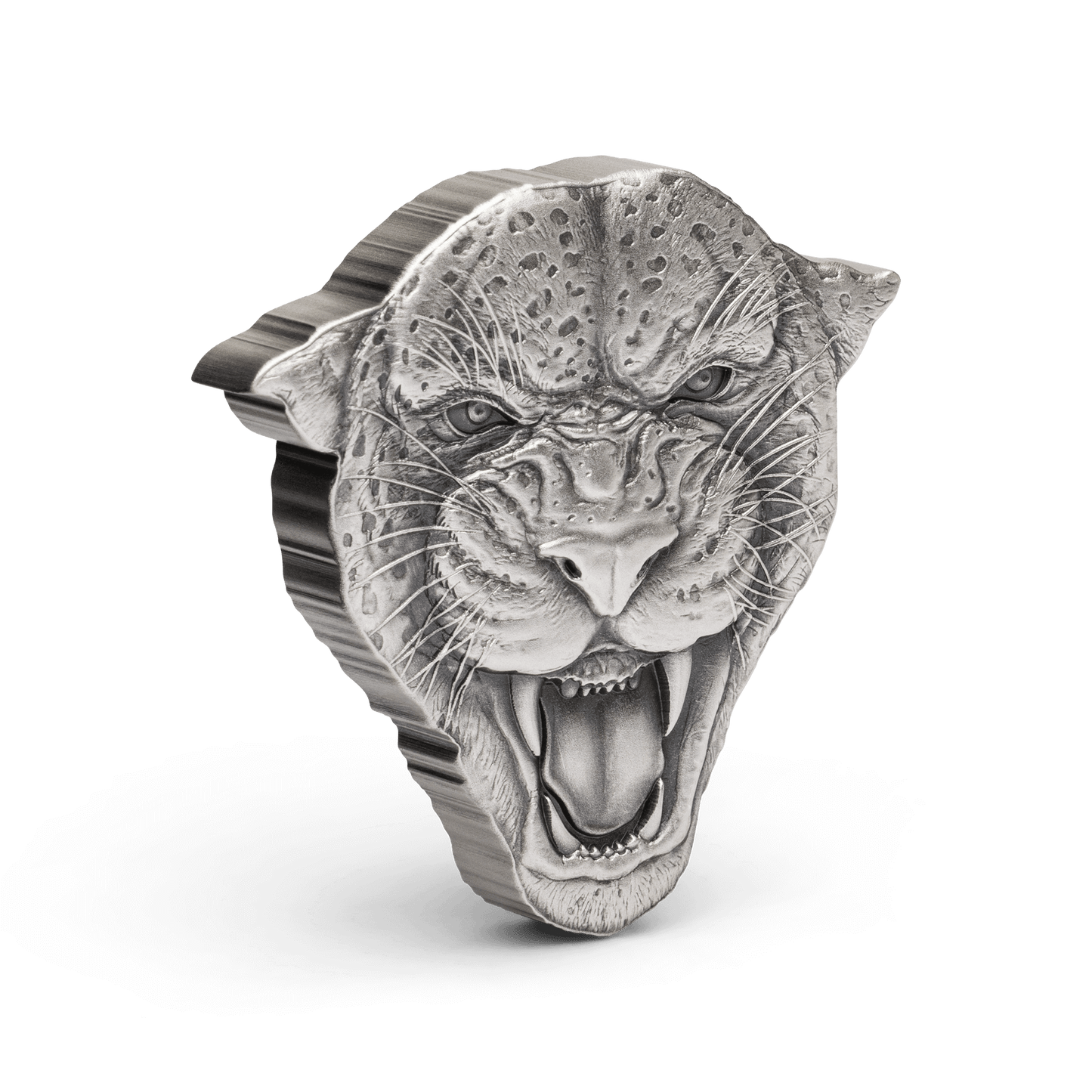 The elusive feline, the Leopard, features on this exquisite 2oz pure silver coin. Features the head of a leopard with its terrifying gaze and growl. The leopard’s facial features and spotted fur are depicted with a beautiful antique finish. - New Zealand Mint