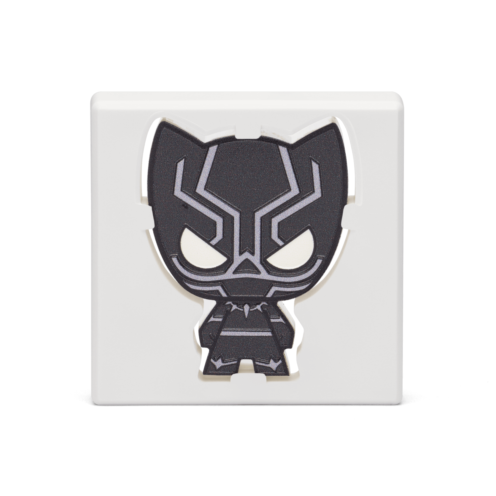 Black Panther™ protects his nation of Wakanda™ on this Chibi® Coin! Made from 1oz of pure silver, this superb piece has been coloured and shaped to resemble the warrior king in his black and silver suit. - New Zealand Mint.