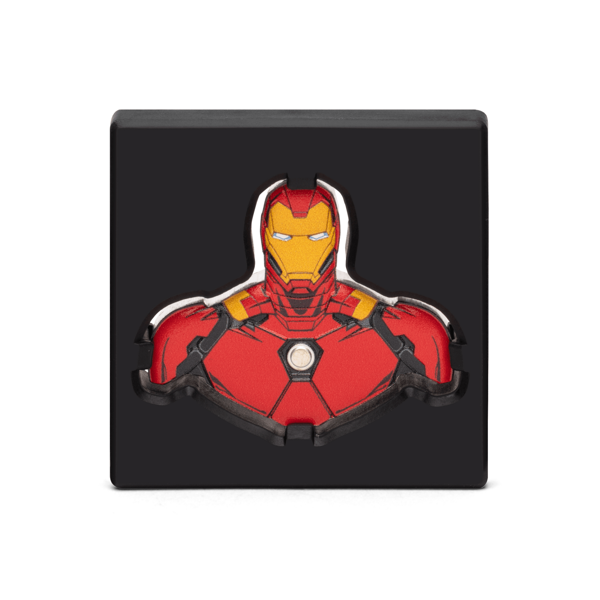 This 1oz pure silver coin has been uniquely shaped and coloured to resemble the powerful Iron Man wearing his signature red armour and helmet. His chest RT has been left engraved and frosted for detail and some relief has been added for a 3D effect - New Zealand Mint.