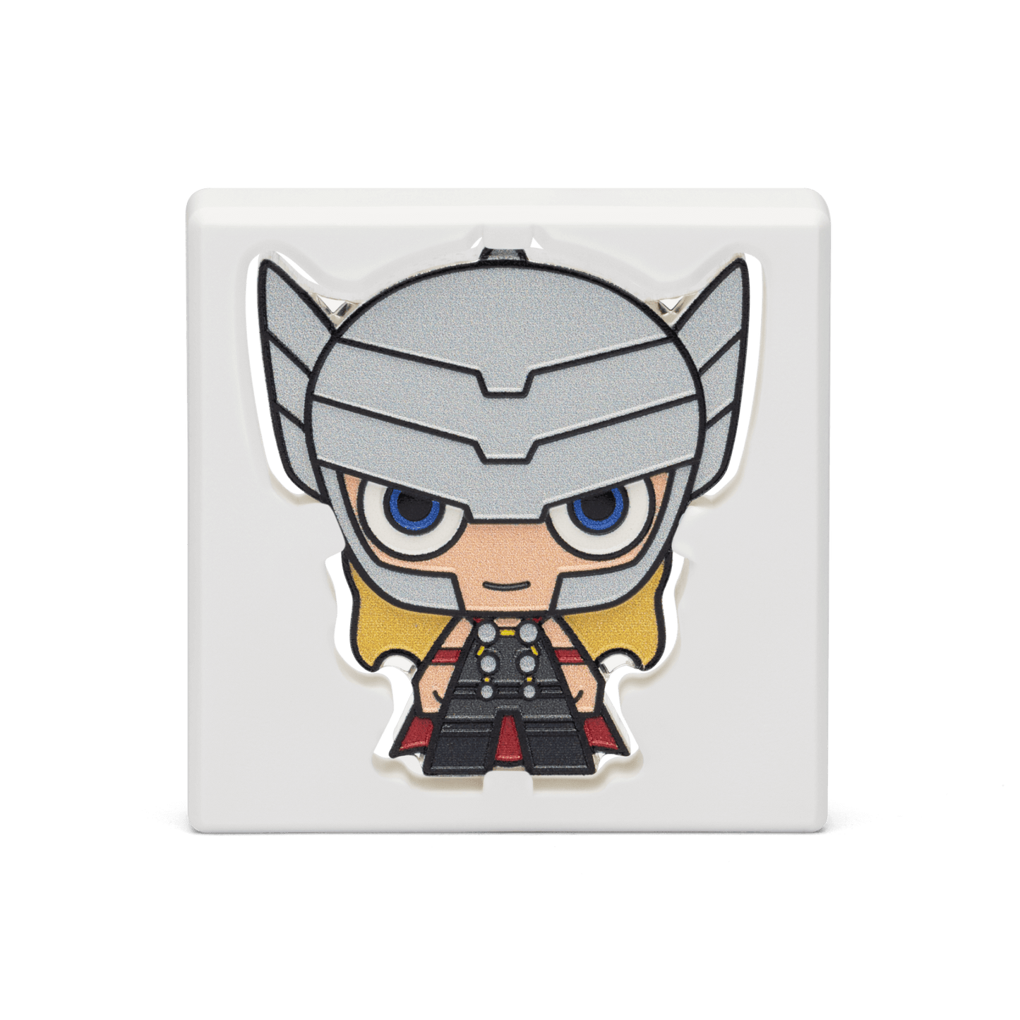 This electrifying 1oz pure silver Chibi® Coin has been coloured and shaped to resemble the God of Thunder, Thor with his winged helmet and red cape.  Some relief has been added to give a striking 3D effect - New Zealand Mint