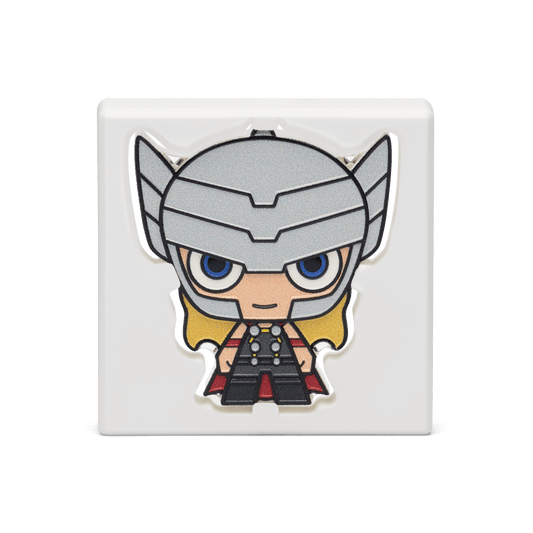 This electrifying 1oz pure silver Chibi® Coin has been coloured and shaped to resemble the God of Thunder, Thor with his winged helmet and red cape.  Some relief has been added to give a striking 3D effect - New Zealand Mint