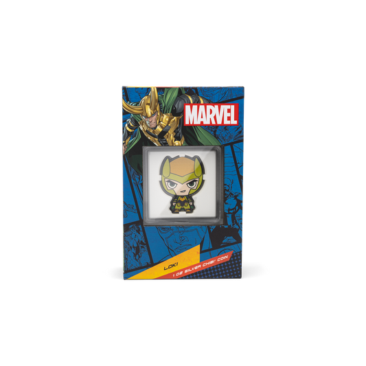 This Marvel Chibi® Coin is made of 1oz pure silver to show this Asgardian Prince wearing his green and gold armour, cape and horned helmet. Relief has been added to enhance the striking design. | NZ Mint