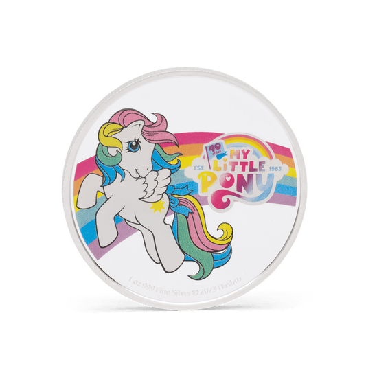 This adorable colourful design features the 1983 anniversary logo, a rainbow and Starshine – one of the most beloved retro ponies. Vibrant contrast against the mirror-finish background – the 999 fine silver shines beautifully! - NZ Mint