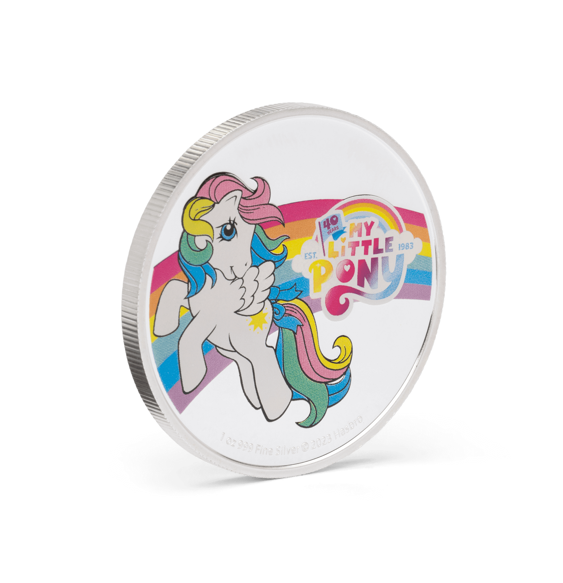 This adorable colourful design features the 1983 anniversary logo, a rainbow and Starshine – one of the most beloved retro ponies. Vibrant contrast against the mirror-finish background – the 999 fine silver shines beautifully! - NZ Mint