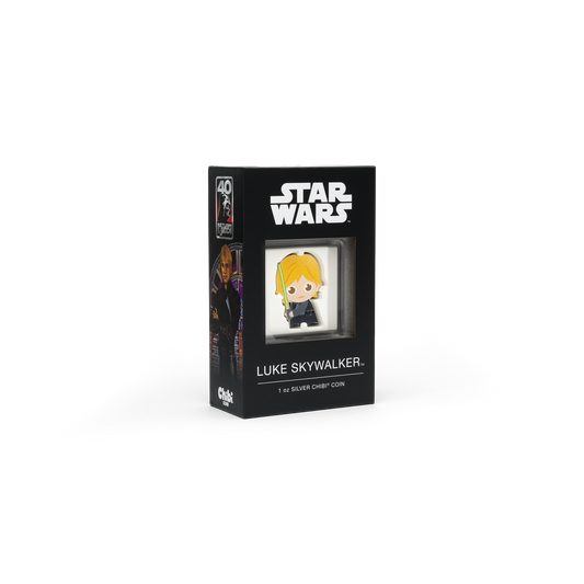 Celebrates the 40th anniversary!Made of 1oz pure silver, this officially licensed Chibi® Coin commemorates this exciting occasion! Coloured and shaped, the coin resembles Luke Skywalker™ in his black robes and holding his Lightsaber™.