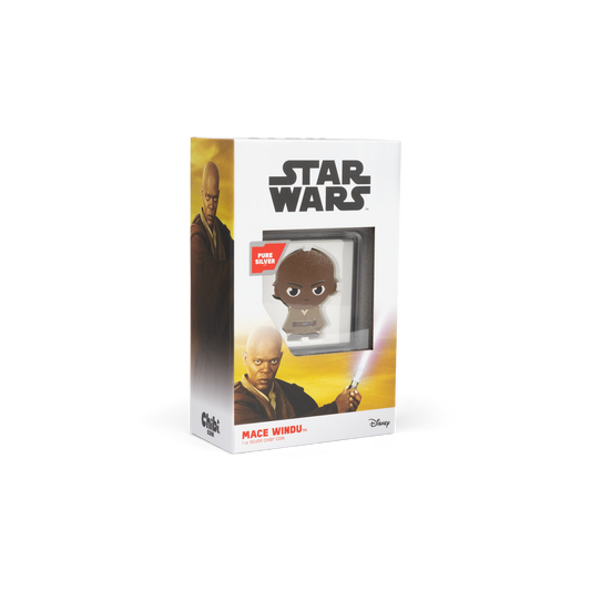 Officially licensed by Lucasfilm Ltd, coloured and shaped, this coin features a stylized version of Mace Windu wearing his brown Jedi robe and utility belt holding his Lightsaber. Features a large window to display to coin. | NZ Mint