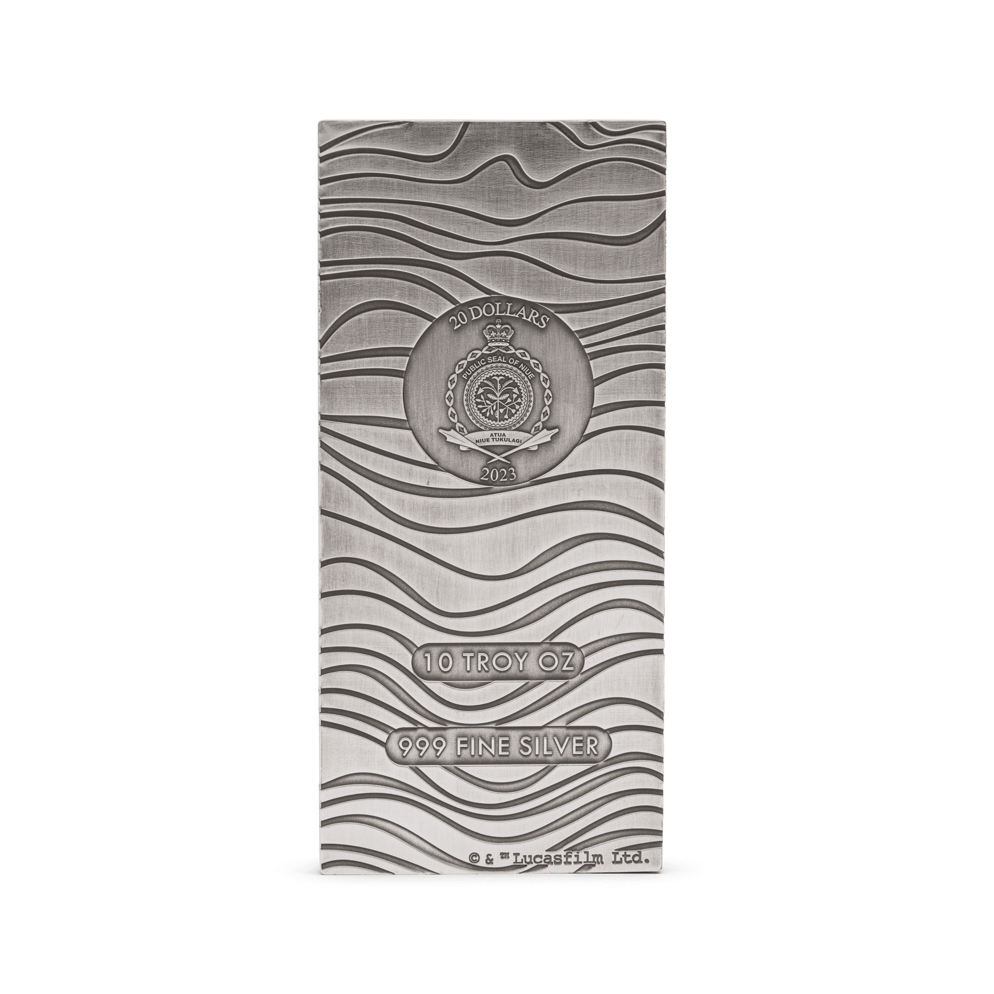 In The Mandalorian™, Djarin is paid for his mission in bars of Beskar™ steel. Back for 2022, this collectible 10oz pure silver bar is a replica version, incorporating the same wavey ridges and patterns and stamped with the Imperial shield. - New Zealand Mint