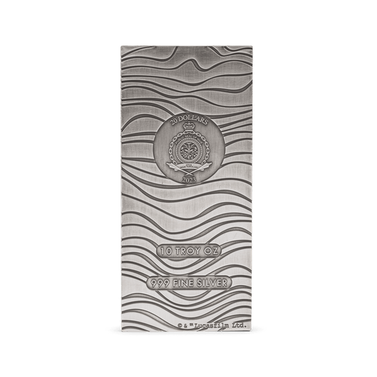 In The Mandalorian™, Djarin is paid for his mission in bars of Beskar™ steel. Back for 2022, this collectible 10oz pure silver bar is a replica version, incorporating the same wavey ridges and patterns and stamped with the Imperial shield. - New Zealand Mint