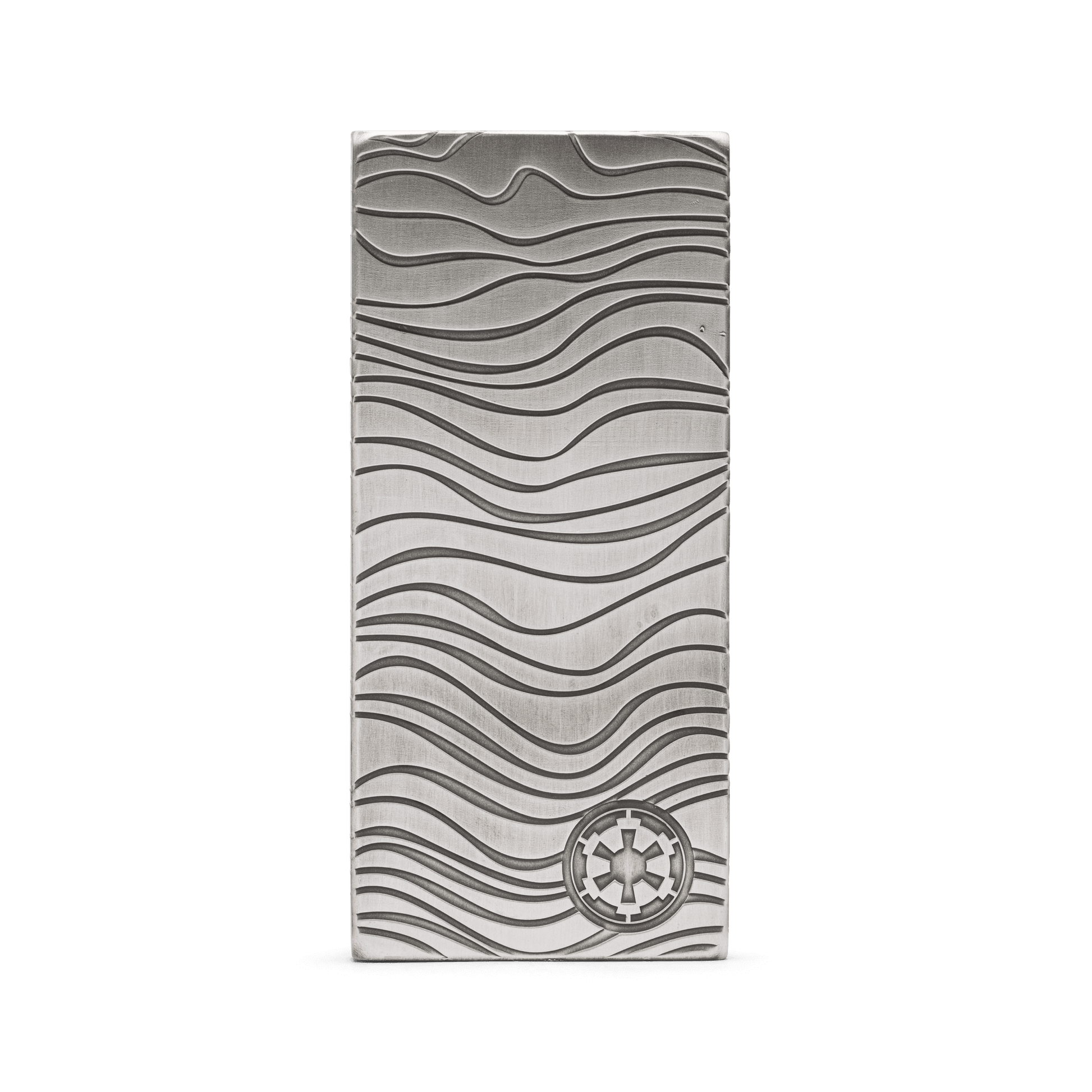 In The Mandalorian™, Djarin is paid for his mission in bars of Beskar™ steel. Back for 2022, this collectible 10oz pure silver bar is a replica version, incorporating the same wavey ridges and patterns and stamped with the Imperial shield. - New Zealand Mint