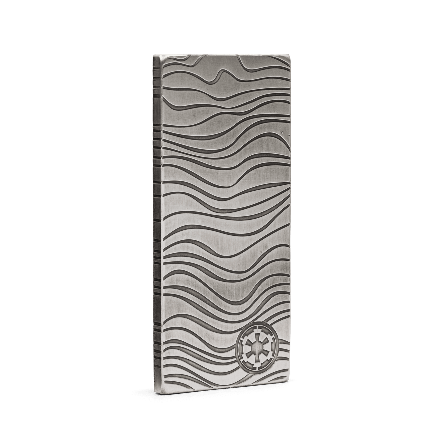 In The Mandalorian™, Djarin is paid for his mission in bars of Beskar™ steel. Back for 2022, this collectible 10oz pure silver bar is a replica version, incorporating the same wavey ridges and patterns and stamped with the Imperial shield. - New Zealand Mint