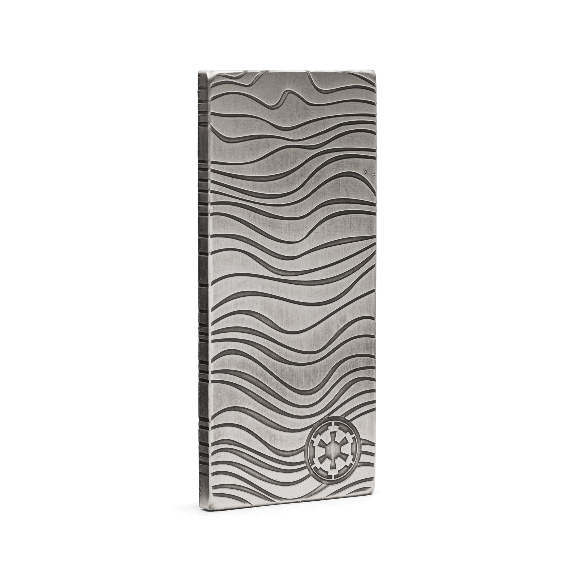 In The Mandalorian™, Djarin is paid for his mission in bars of Beskar™ steel. Back for 2022, this collectible 10oz pure silver bar is a replica version, incorporating the same wavey ridges and patterns and stamped with the Imperial shield. - New Zealand Mint