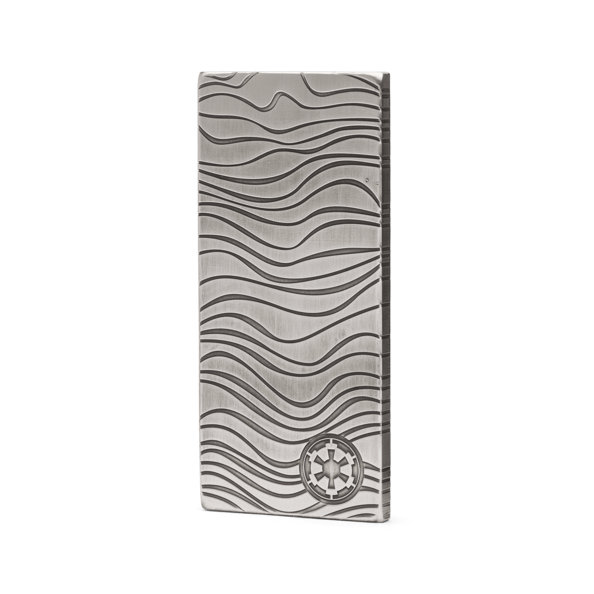 In The Mandalorian™, Djarin is paid for his mission in bars of Beskar™ steel. Back for 2022, this collectible 10oz pure silver bar is a replica version, incorporating the same wavey ridges and patterns and stamped with the Imperial shield. - New Zealand Mint