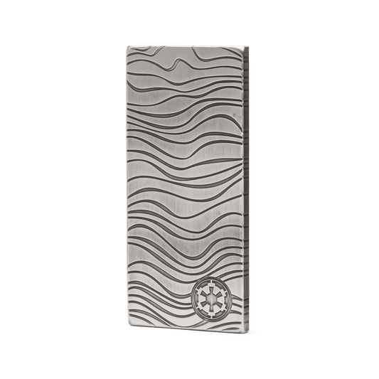 In The Mandalorian™, Djarin is paid for his mission in bars of Beskar™ steel. Back for 2022, this collectible 10oz pure silver bar is a replica version, incorporating the same wavey ridges and patterns and stamped with the Imperial shield. - New Zealand Mint