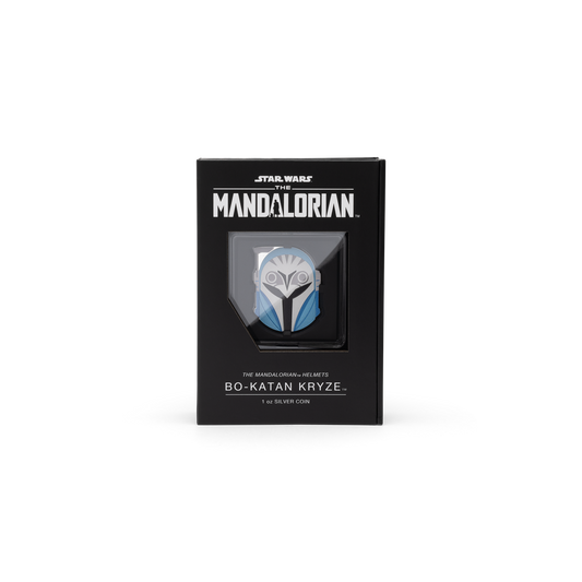 These collectible coins are inspired by Bo-Katan Kryze’s Mandalorian helmet, as seen in the series, Star Wars: The Mandalorian™. Uniquely coloured and shaped. Includes intricate engraving to capture all the lines and curves of her helmet. Only 3,000. - New Zealand Mint