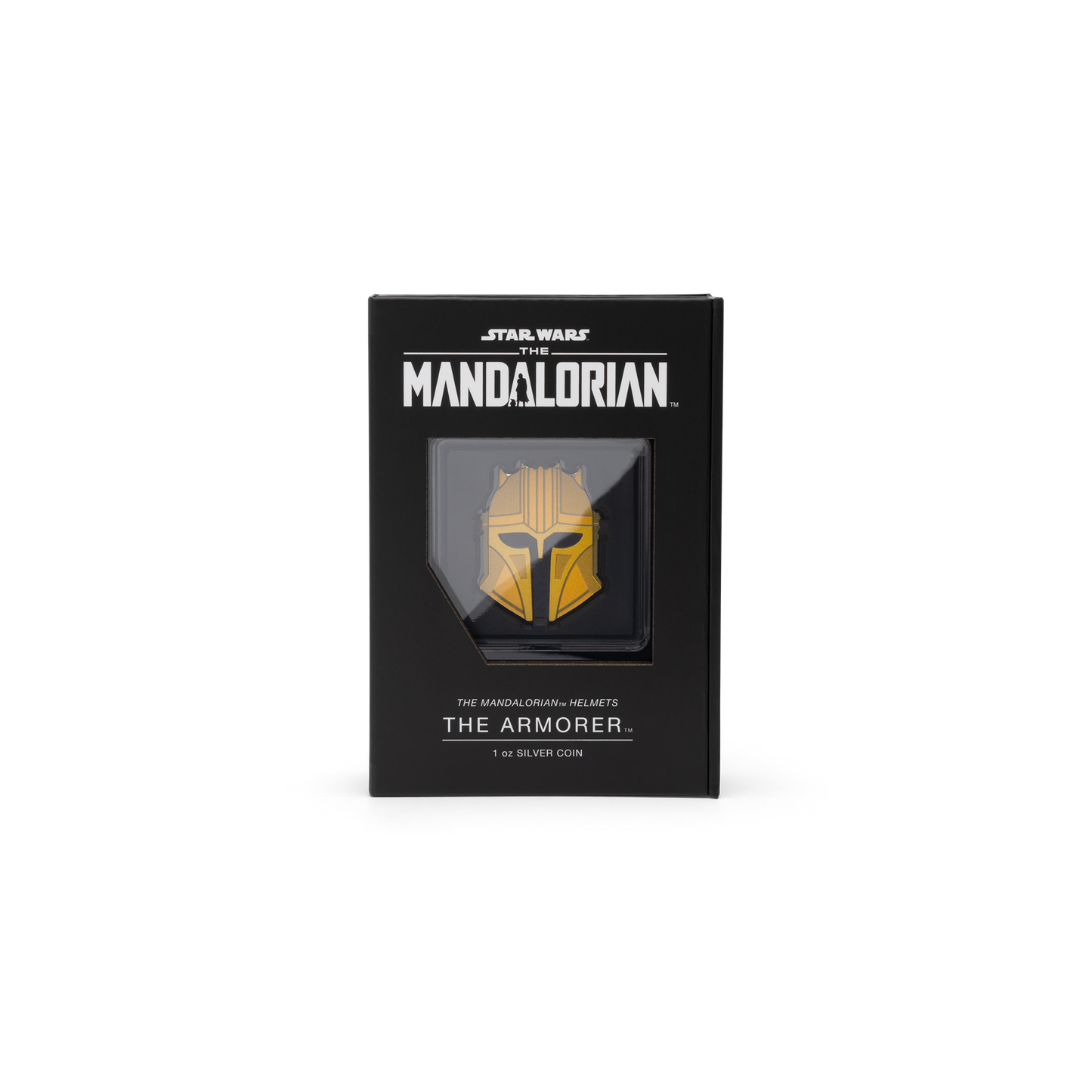 The Armorer’s captivating Mandalorian Helmet inspired a striking 1oz pure silver coin. Inspired by the helmet of The Armorer, as seen in Star Wars: The Mandalorian™. Uniquely shaped, along with engravings that capture the intricacies of her helmet. - New Zealand Mint