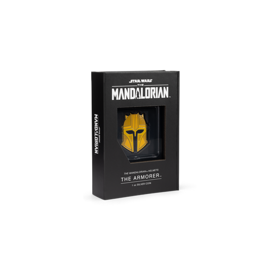 The Armorer’s captivating Mandalorian Helmet inspired a striking 1oz pure silver coin. Inspired by the helmet of The Armorer, as seen in Star Wars: The Mandalorian™. Uniquely shaped, along with engravings that capture the intricacies of her helmet. - New Zealand Mint