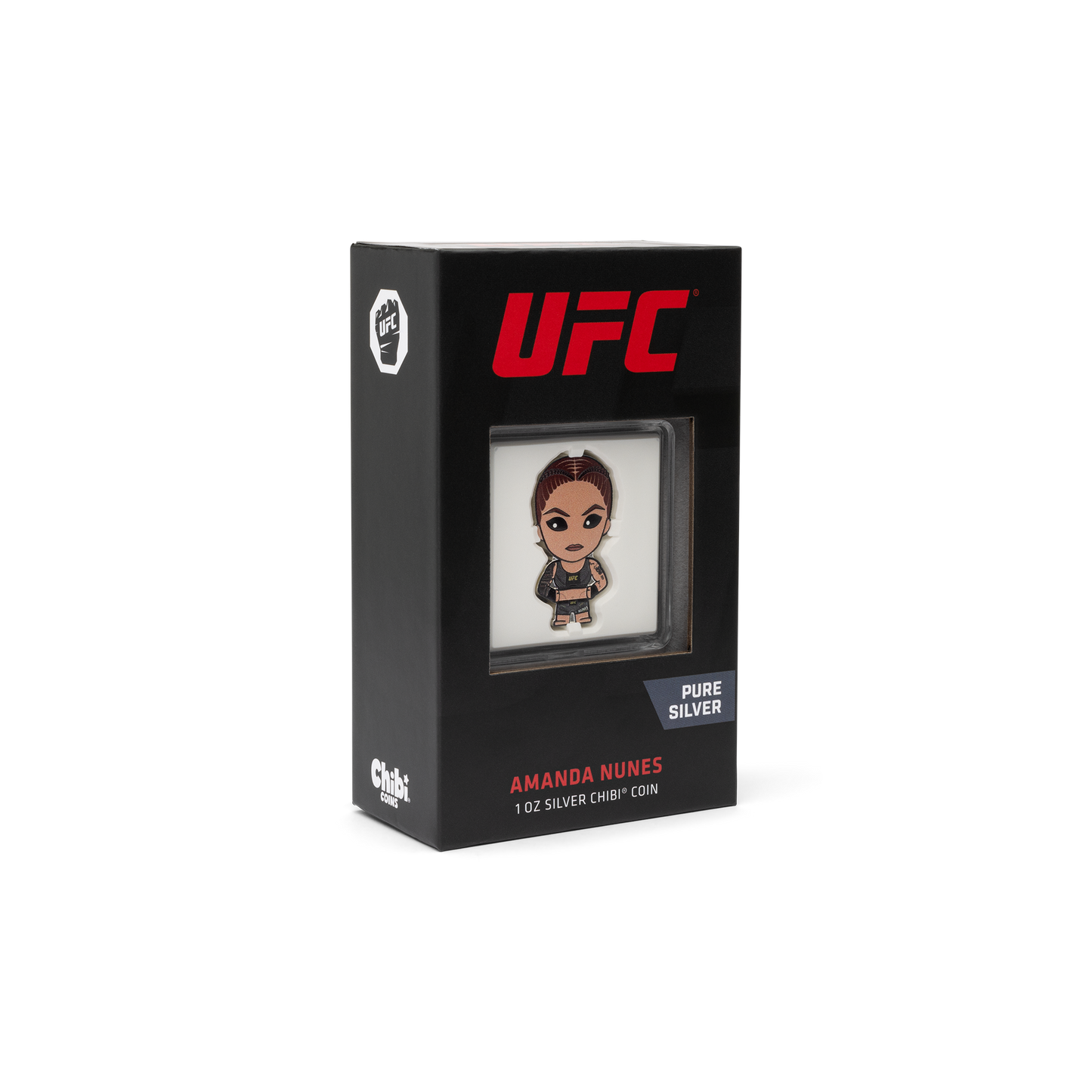 Witness the strength and dominance of one of UFC’s fiercest fighters, Amanda Nunes, on this one-off collectible Chibi® Coin! Uniquely coloured and shaped coin showcases “The Lioness”. - New Zealand Mint