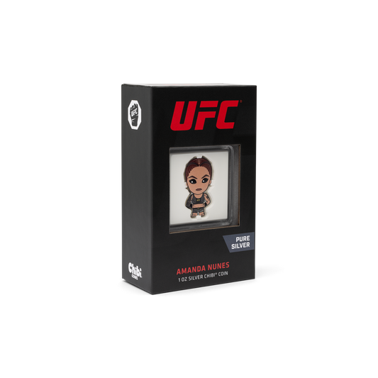 Witness the strength and dominance of one of UFC’s fiercest fighters, Amanda Nunes, on this one-off collectible Chibi® Coin! Uniquely coloured and shaped coin showcases “The Lioness”. - New Zealand Mint