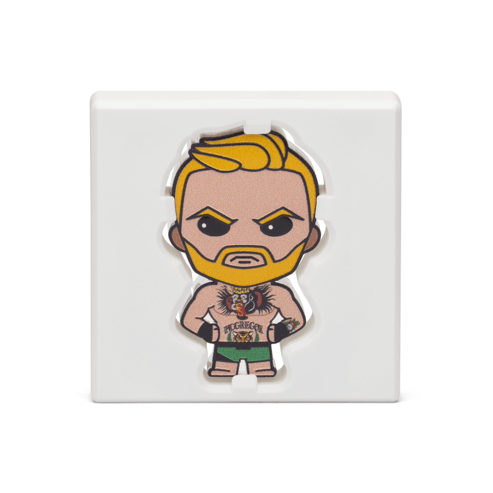 The Notorious looks ready to enter the Octagon for another victory knockout on this Chibi® Coin! Coloured and shaped Chibi® Coin features a stylised version of “The Notorious” Conor McGregor and his iconic tattoos. - New Zealand Mint