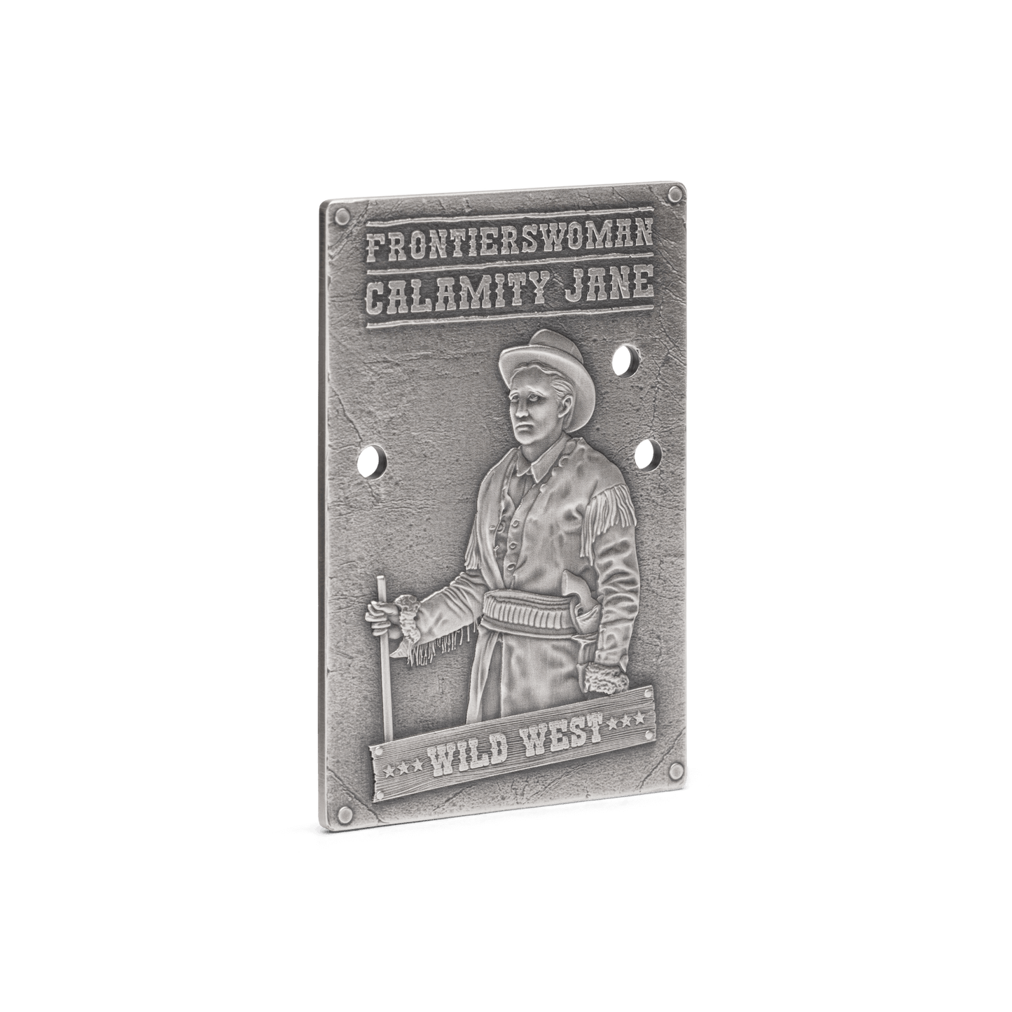 Wild West – Calamity Jane 1oz Silver Coin - Features an exquisitely crafted design, depicting Calamity Jane as seen on a ‘wanted’ poster, along with bullet holes punched out for an extra dose of gritty realism. - New Zealand Mint