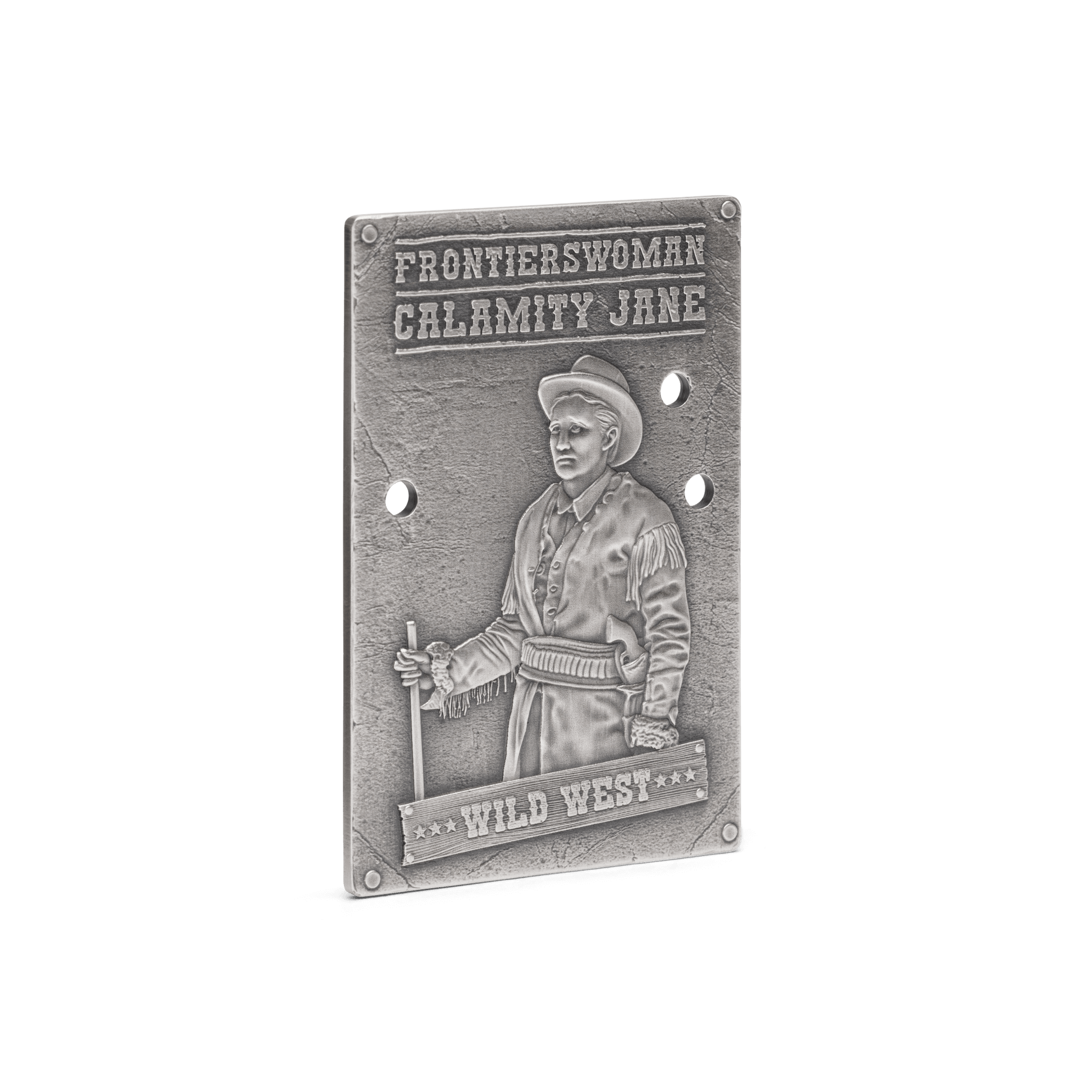 Wild West – Calamity Jane 1oz Silver Coin - Features an exquisitely crafted design, depicting Calamity Jane as seen on a ‘wanted’ poster, along with bullet holes punched out for an extra dose of gritty realism. - New Zealand Mint