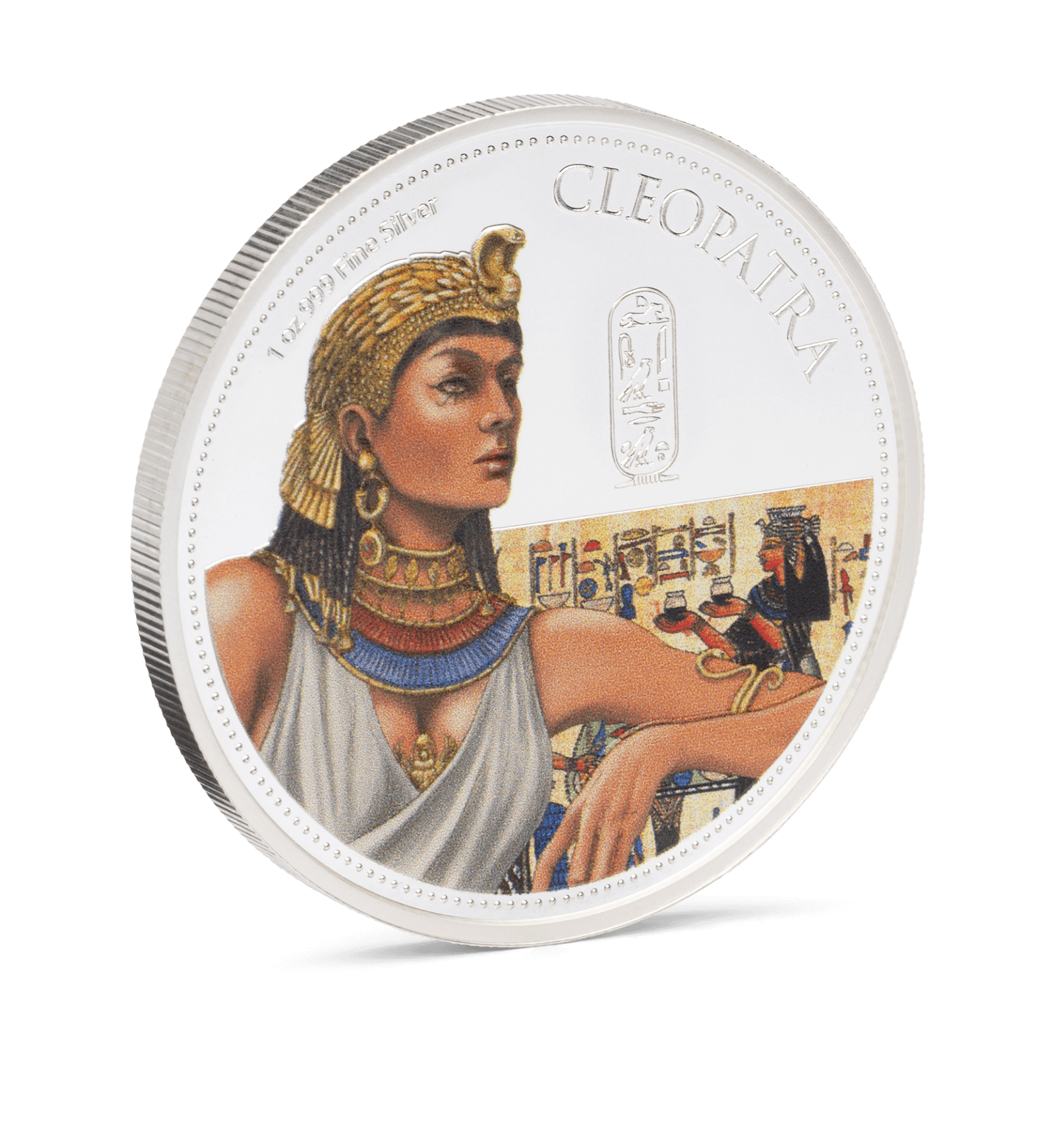 Introducing the captivating Cleopatra coin. It is struck from 1oz pure silver and has a limited issue of 2,000. The design features the legendary Egyptian queen in her iconic headdress, jewellery, and attire, capturing her timeless allure. - NZ Mint