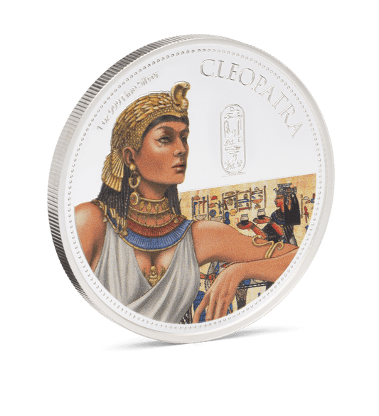 Introducing the captivating Cleopatra coin. It is struck from 1oz pure silver and has a limited issue of 2,000. The design features the legendary Egyptian queen in her iconic headdress, jewellery, and attire, capturing her timeless allure. - NZ Mint