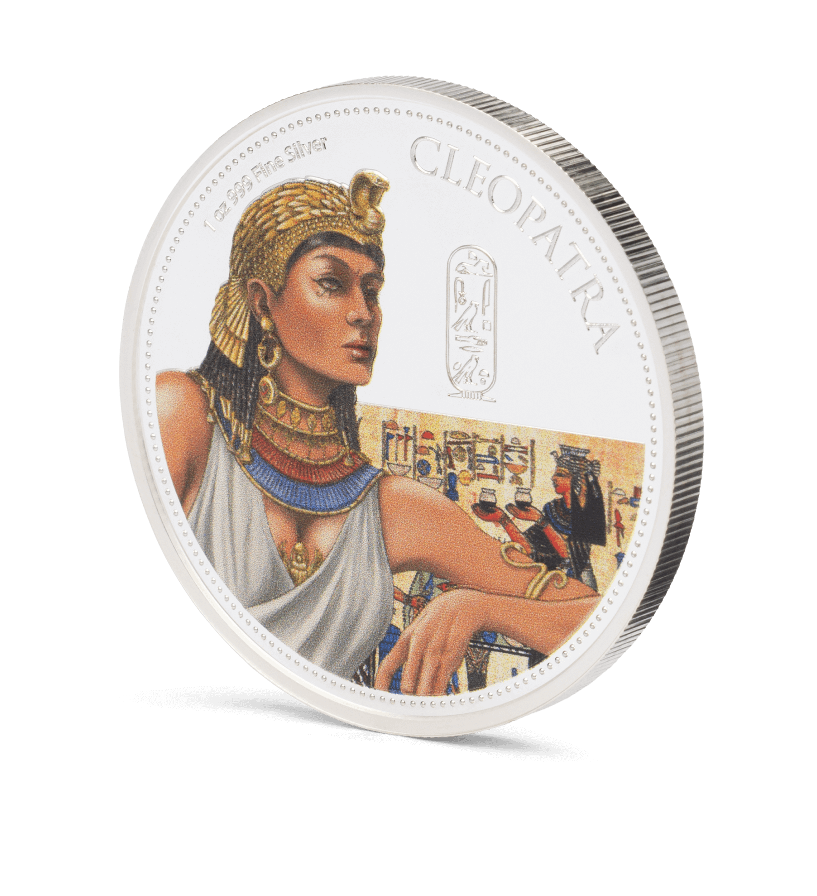 Introducing the captivating Cleopatra coin. It is struck from 1oz pure silver and has a limited issue of 2,000. The design features the legendary Egyptian queen in her iconic headdress, jewellery, and attire, capturing her timeless allure. - NZ Mint