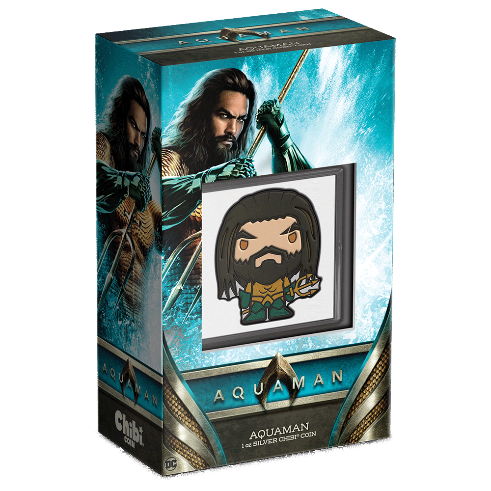 DC Comics - AQUAMAN™ 1oz Silver Chibi® Coin Featuring Custom Packaging with Display Window and Certificate of Authenticity Sticker.