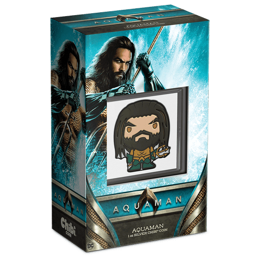 DC Comics - AQUAMAN™ 1oz Silver Chibi® Coin Featuring Custom Packaging with Display Window and Certificate of Authenticity Sticker.