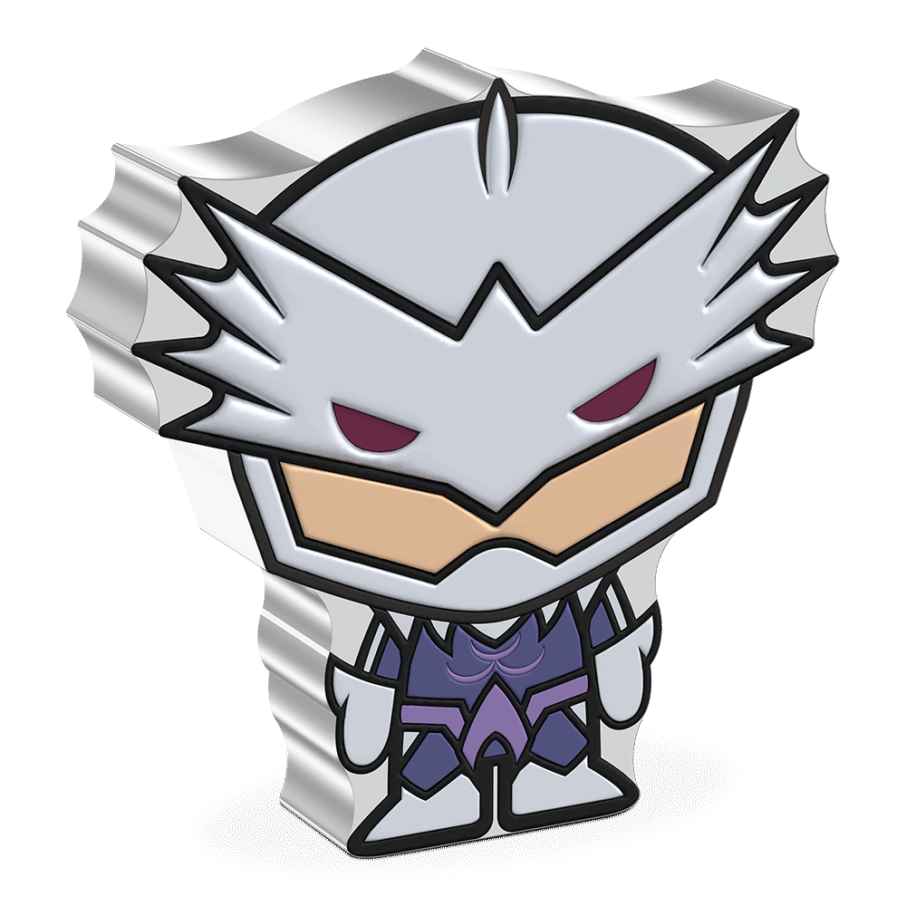 This 1oz pure silver Chibi® Coin features the bloodthirsty prince of Atlantis, ORM™! Coloured and shaped, he is shown in his notable purple and silver suit, as seen in the 2018 film, Aquaman™ - New Zealand Mint. 