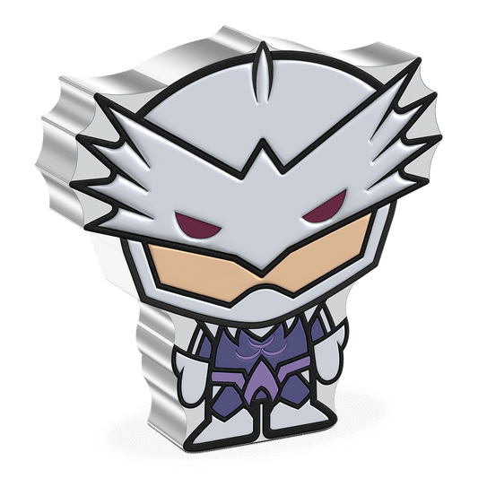 This 1oz pure silver Chibi® Coin features the bloodthirsty prince of Atlantis, ORM™! Coloured and shaped, he is shown in his notable purple and silver suit, as seen in the 2018 film, Aquaman™ - New Zealand Mint. 