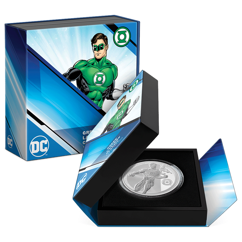 GREEN LANTERN™ Classic 1oz Silver Coin Featuring Custom-designed Book-style Packaging with Coin Insert and Certificate of Authenticity.