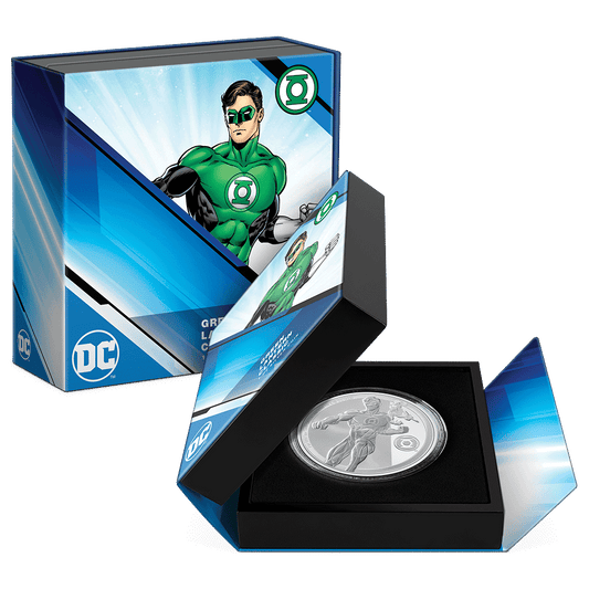 GREEN LANTERN™ Classic 1oz Silver Coin Featuring Custom-designed Book-style Packaging with Coin Insert and Certificate of Authenticity.