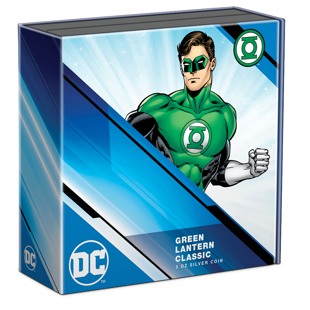 GREEN LANTERN™ Classic 3oz Silver Coin Featuring Custom-Designed Outer Box With Brand Imagery.