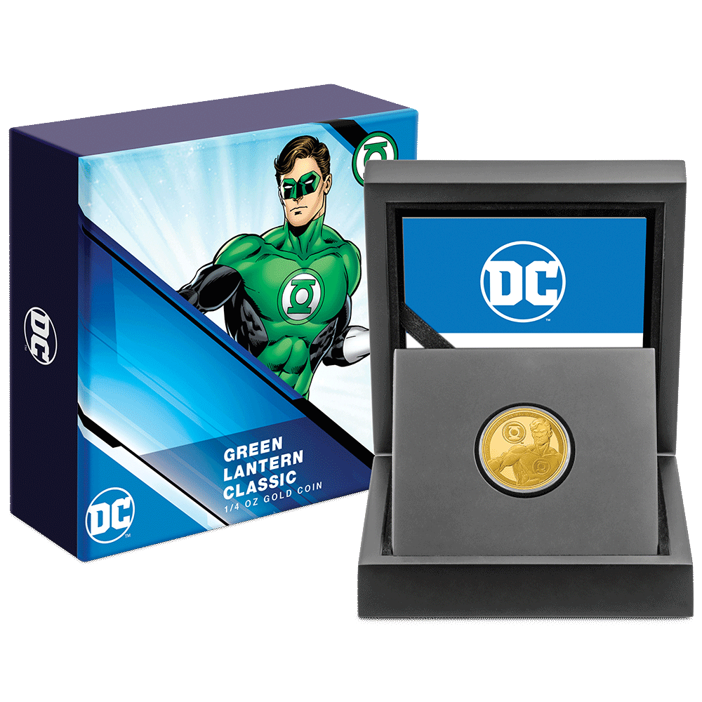 GREEN LANTERN™ Classic 1/4oz Gold Coin With Custom Display Box and Outer Box Featuring Brand imagery.