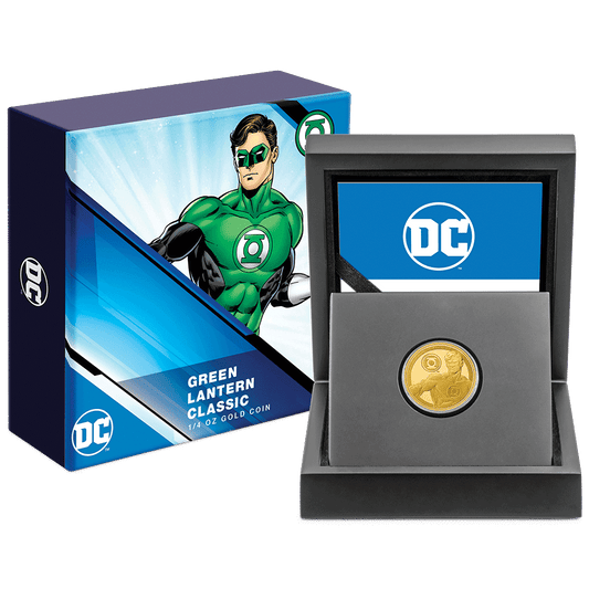 GREEN LANTERN™ Classic 1/4oz Gold Coin With Custom Display Box and Outer Box Featuring Brand imagery.