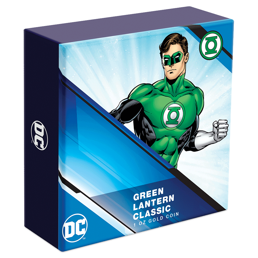 GREEN LANTERN™ Classic 1oz Gold Coin Featuring Custom-Designed Outer Box With Brand Imagery.