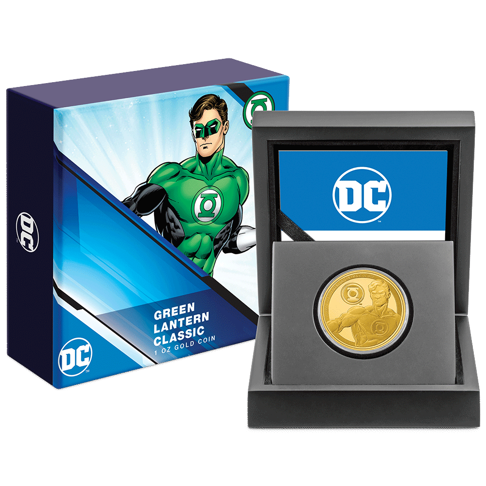 GREEN LANTERN™ Classic 1oz Gold Coin With Custom Display Box and Outer Box Featuring Brand Imagery and Certificate of Authenticity.