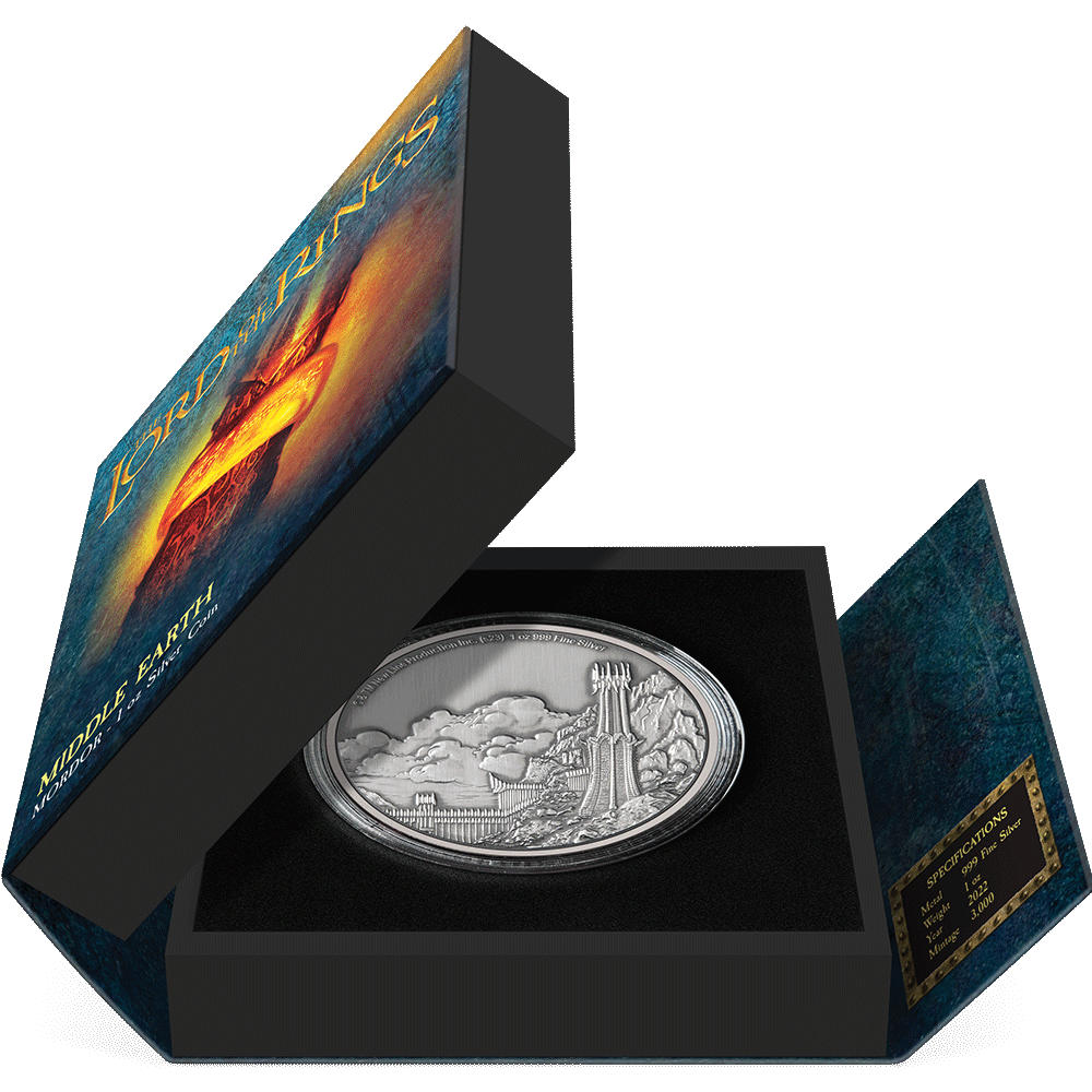 THE LORD OF THE RINGS™ - Mordor 1oz Silver Coin Featuring Book-style Packaging With Custom Velvet Insert to House the Coin.