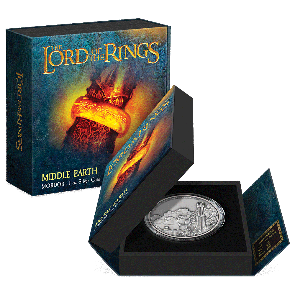 THE LORD OF THE RINGS™ - Mordor 1oz Silver Coin Featuring Custom-designed Book-style Packaging with Coin Insert and Certificate of Authenticity.