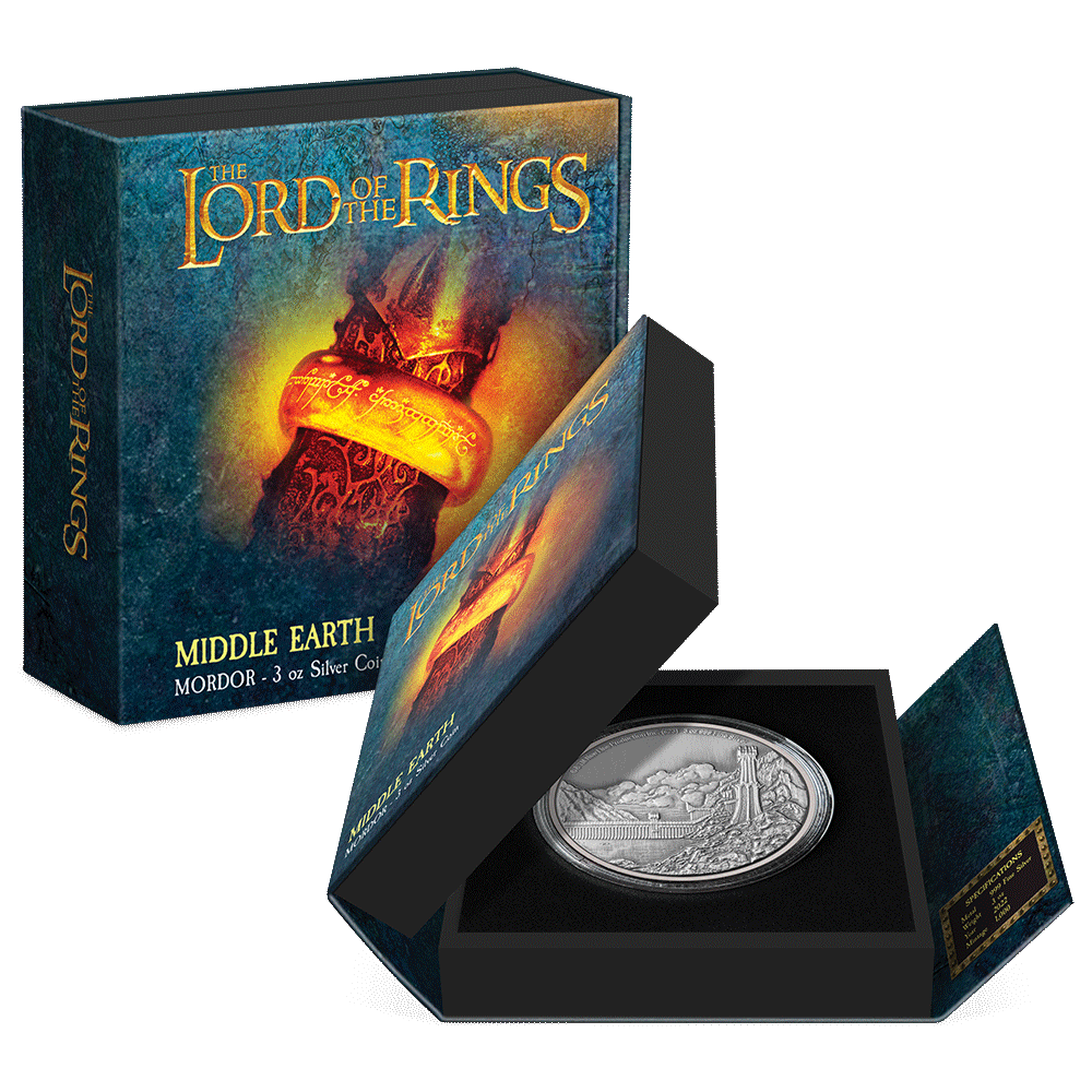 THE LORD OF THE RINGS™ - Mordor 3oz Silver Coin Featuring Custom-designed Book-style Packaging with Coin Insert and Certificate of Authenticity.