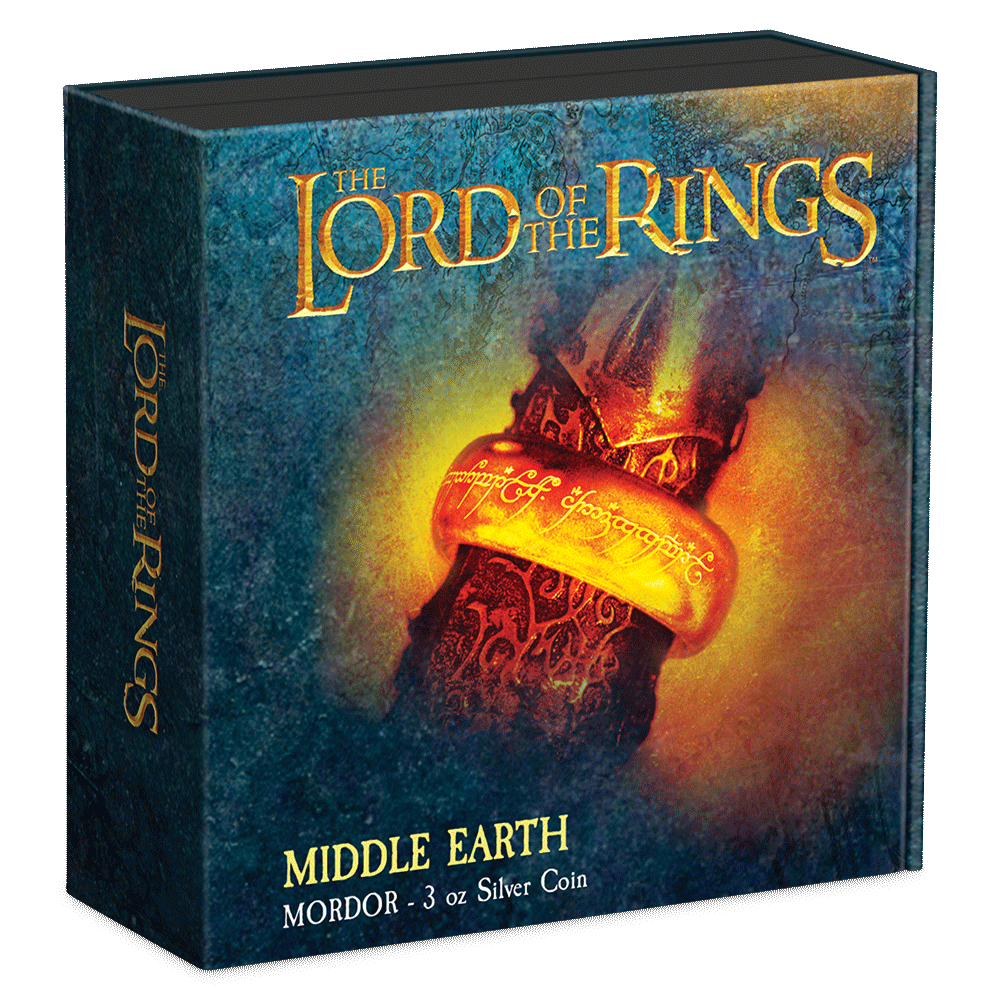 THE LORD OF THE RINGS™ - Mordor 3oz Silver Coin Featuring Custom Book-style Outer With Brand Imagery.