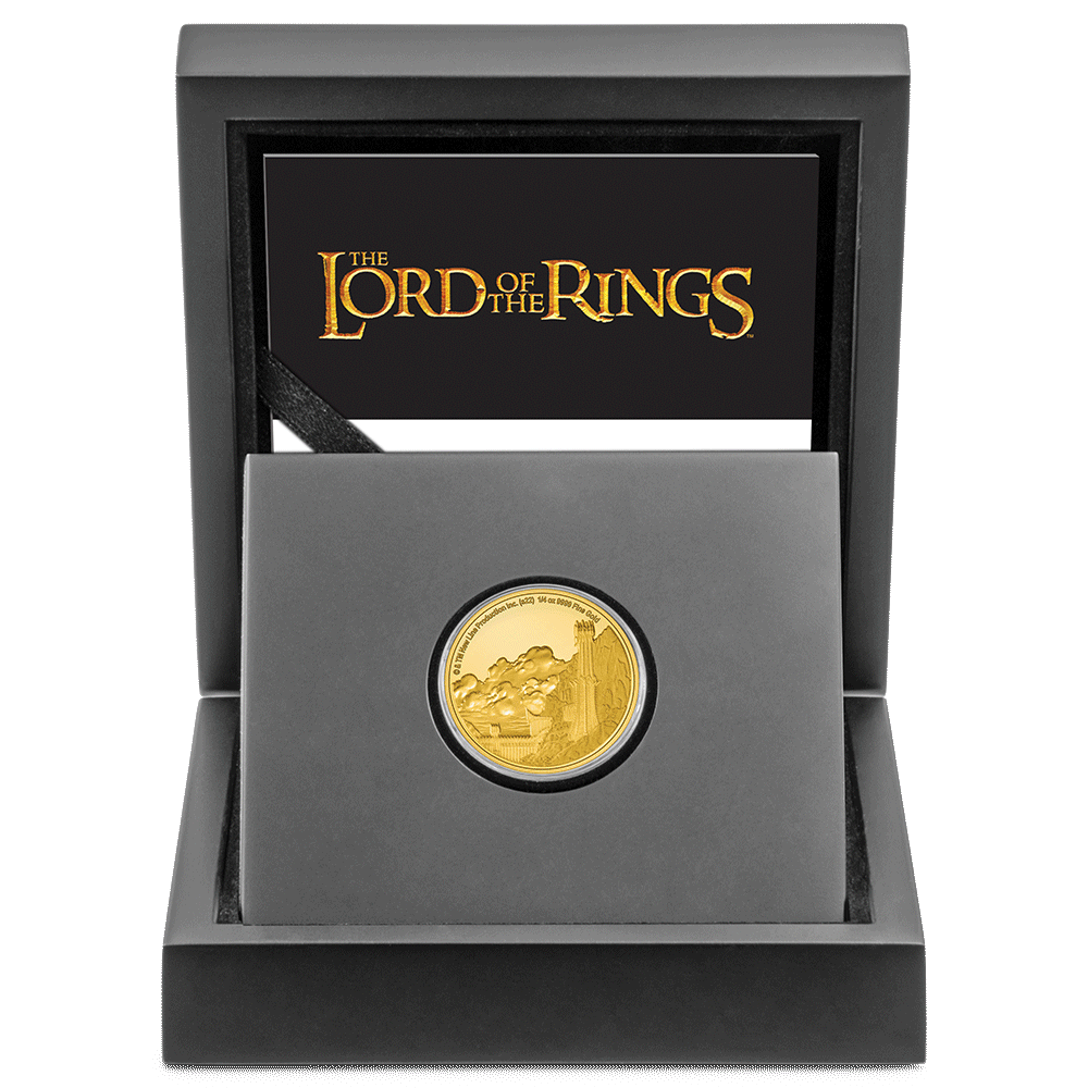 THE LORD OF THE RINGS™ - Mordor 1/4oz Gold Coin With Custom-Designed Wooden Box with Certificate Holder and Viewing Insert. 