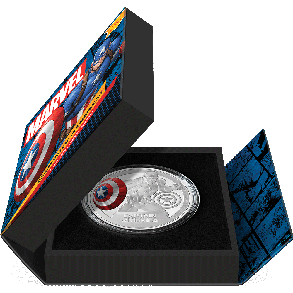 Marvel Captain America™ 1oz Silver Coin Featuring Book-style Packaging With Custom Velvet Insert to House the Coin.