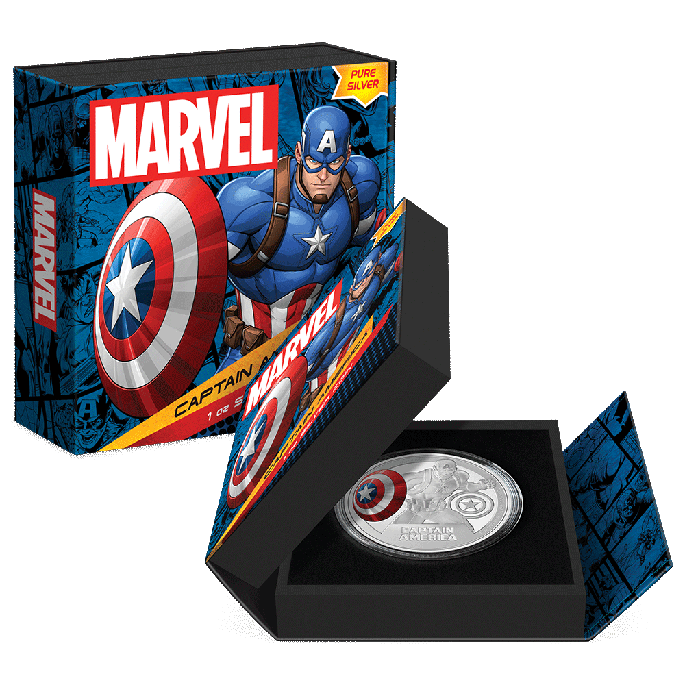 Marvel Captain America™ 1oz Silver Coin Featuring Custom-designed Book-style Packaging with Coin Insert and Certificate of Authenticity.