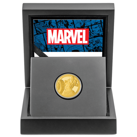 Marvel Captain America™ 1/4oz Gold Coin With Custom-Designed Wooden Box with Certificate Holder and Viewing Insert. 