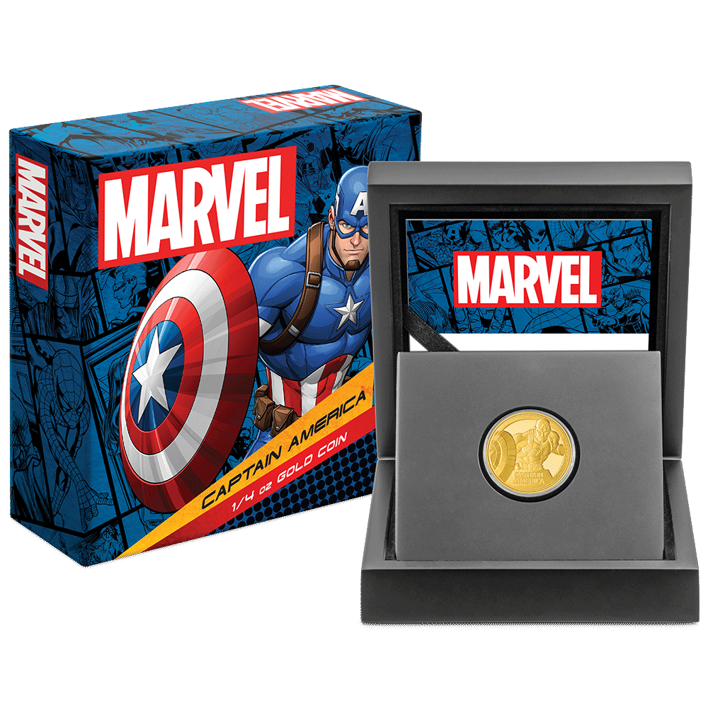 Marvel Captain America™ 1/4oz Gold Coin With Custom Wooden Display Box and Outer Box Featuring brand imagery.