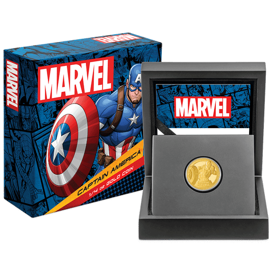 Marvel Captain America™ 1/4oz Gold Coin With Custom Wooden Display Box and Outer Box Featuring brand imagery.