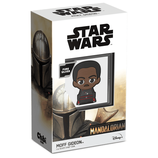 The Mandalorian™ Moff Gideon™ 1oz Silver Chibi® Coin Featuring Custom Packaging with Display Window and Certificate of Authenticity Sticker.